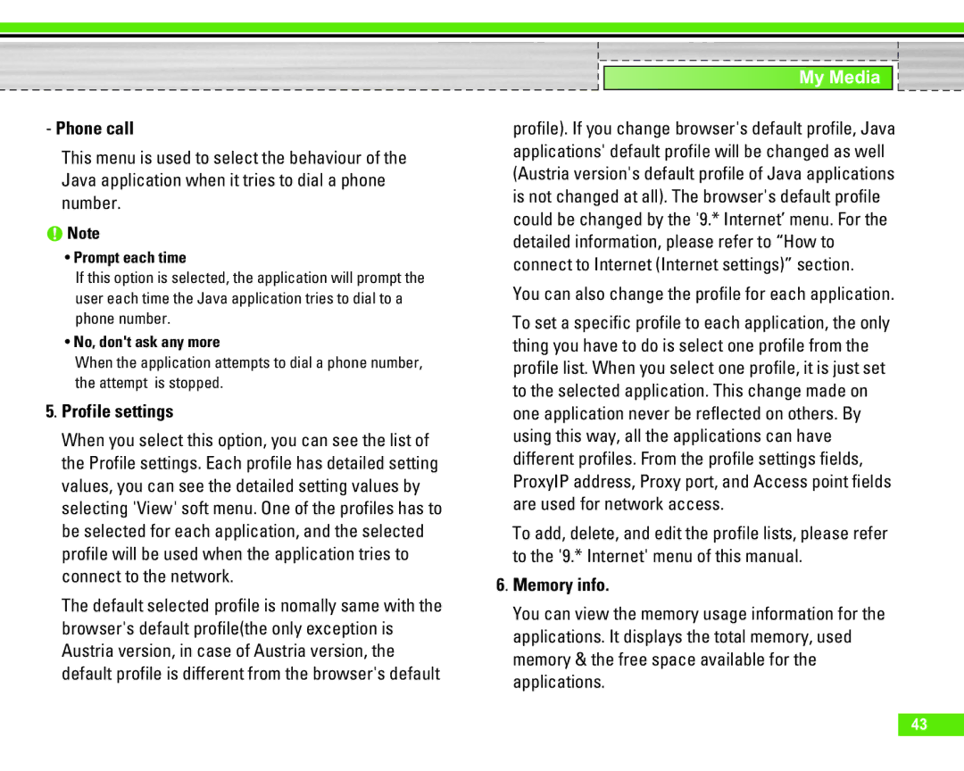 LG Electronics U8290 manual Phone call, Profile settings, You can also change the profile for each application, Memory info 