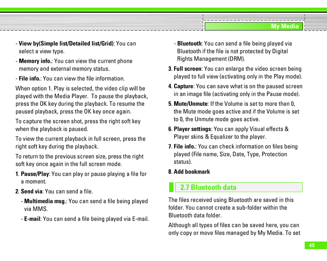 LG Electronics U8290 manual Bluetooth data, File info. You can view the file information, Add bookmark 