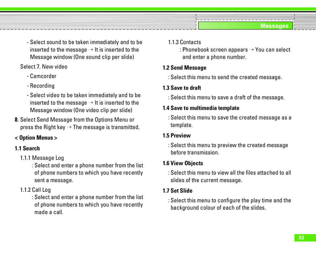 LG Electronics U8290 manual Send Message, Save to draft, Save to multimedia template, Preview, View Objects, Set Slide 