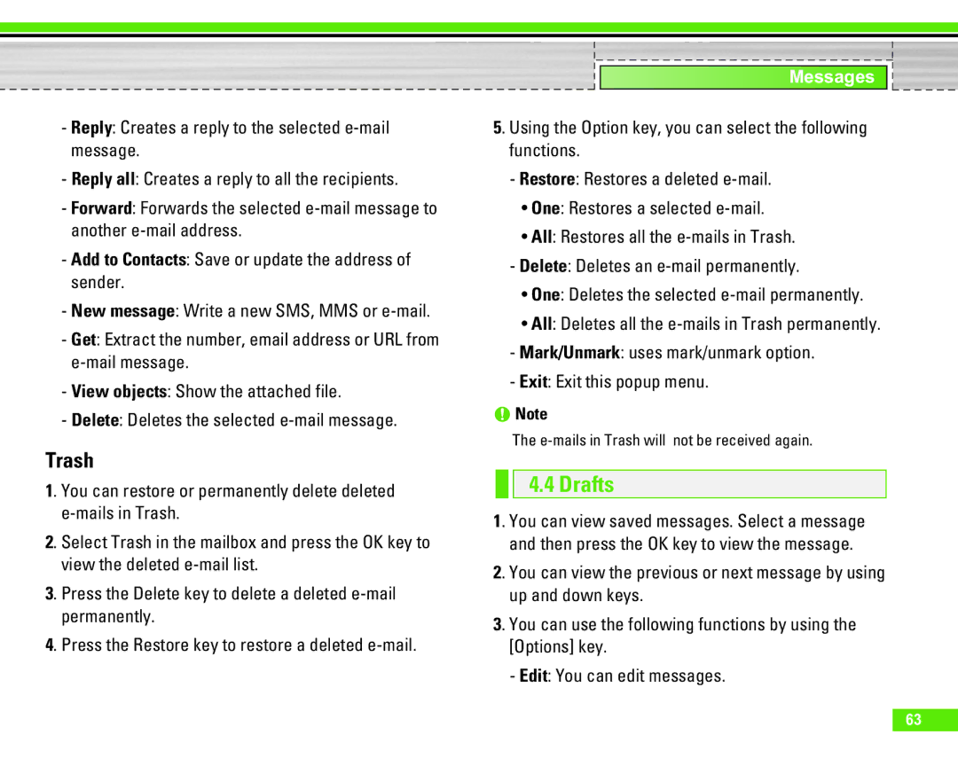 LG Electronics U8290 manual Trash, Drafts 