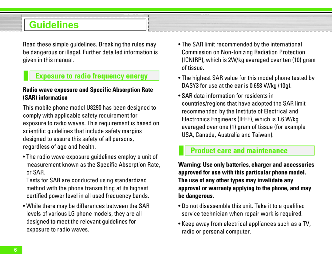 LG Electronics U8290 manual Guidelines, Exposure to radio frequency energy, Product care and maintenance 