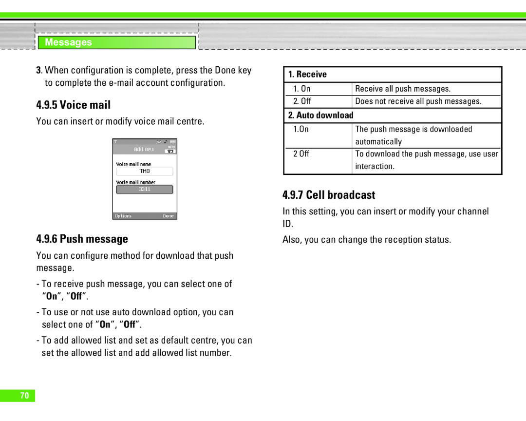 LG Electronics U8290 manual Voice mail, Push message, Cell broadcast, You can insert or modify voice mail centre 