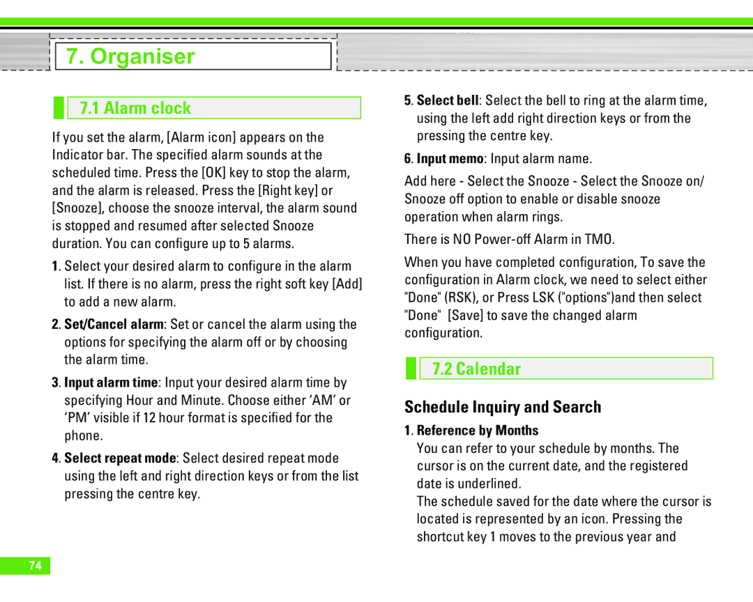 LG Electronics U8290 manual Organiser, Alarm clock, Calendar, Schedule Inquiry and Search, Reference by Months 