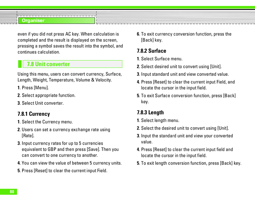 LG Electronics U8290 manual Unit converter, Currency, Surface, Length 