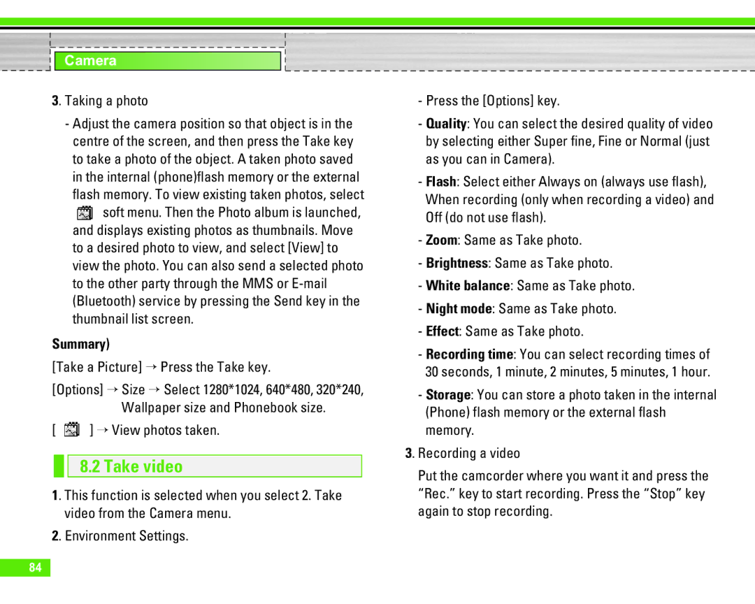 LG Electronics U8290 manual Take video, Taking a photo, Summary, Take a Picture Press the Take key, View photos taken 