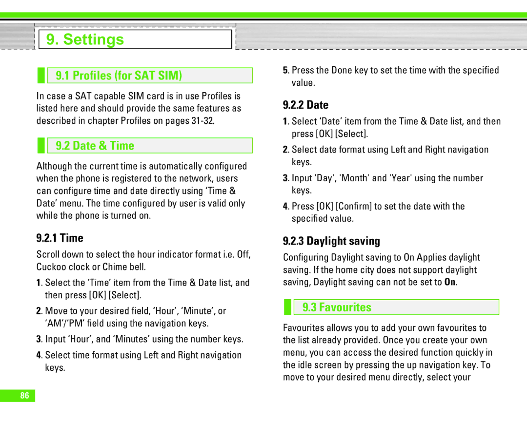 LG Electronics U8290 manual Settings, Profiles for SAT SIM, Date & Time, Favourites 