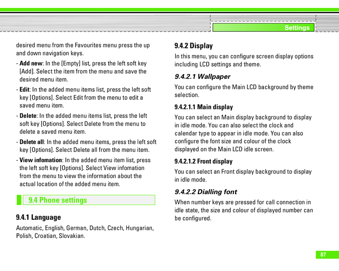 LG Electronics U8290 manual Phone settings, Language, Display, Wallpaper, Dialling font 