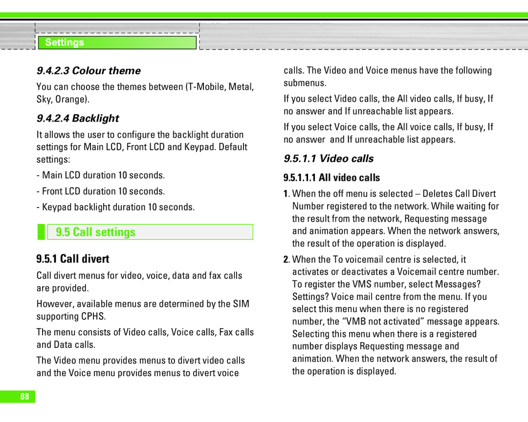 LG Electronics U8290 manual Call settings, Call divert, Colour theme, Backlight, Video calls 