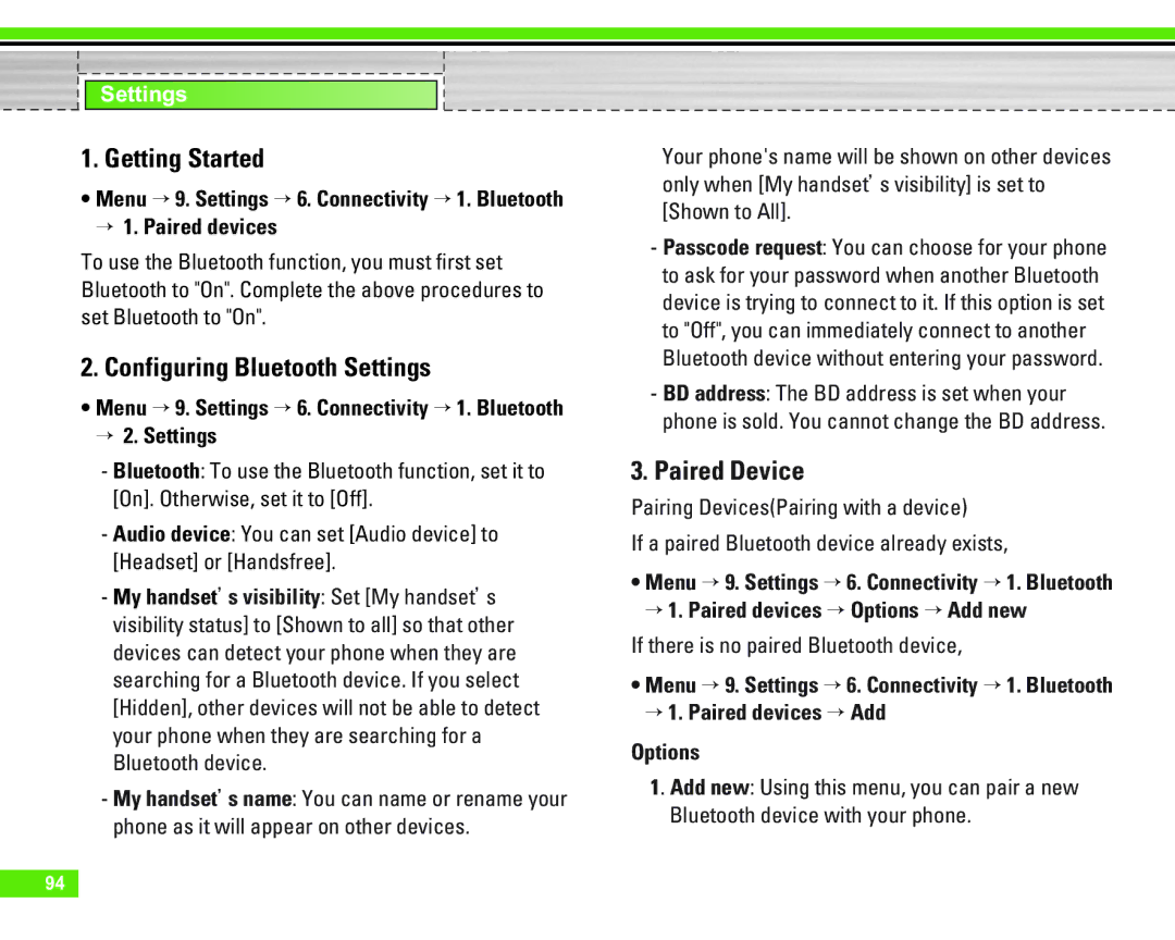 LG Electronics U8290 manual Getting Started, Configuring Bluetooth Settings, Paired Device 