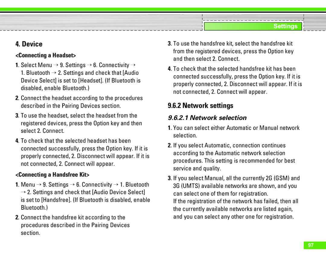 LG Electronics U8290 manual Device, Network settings, Connecting a Headset, Connecting a Handsfree Kit, Network selection 