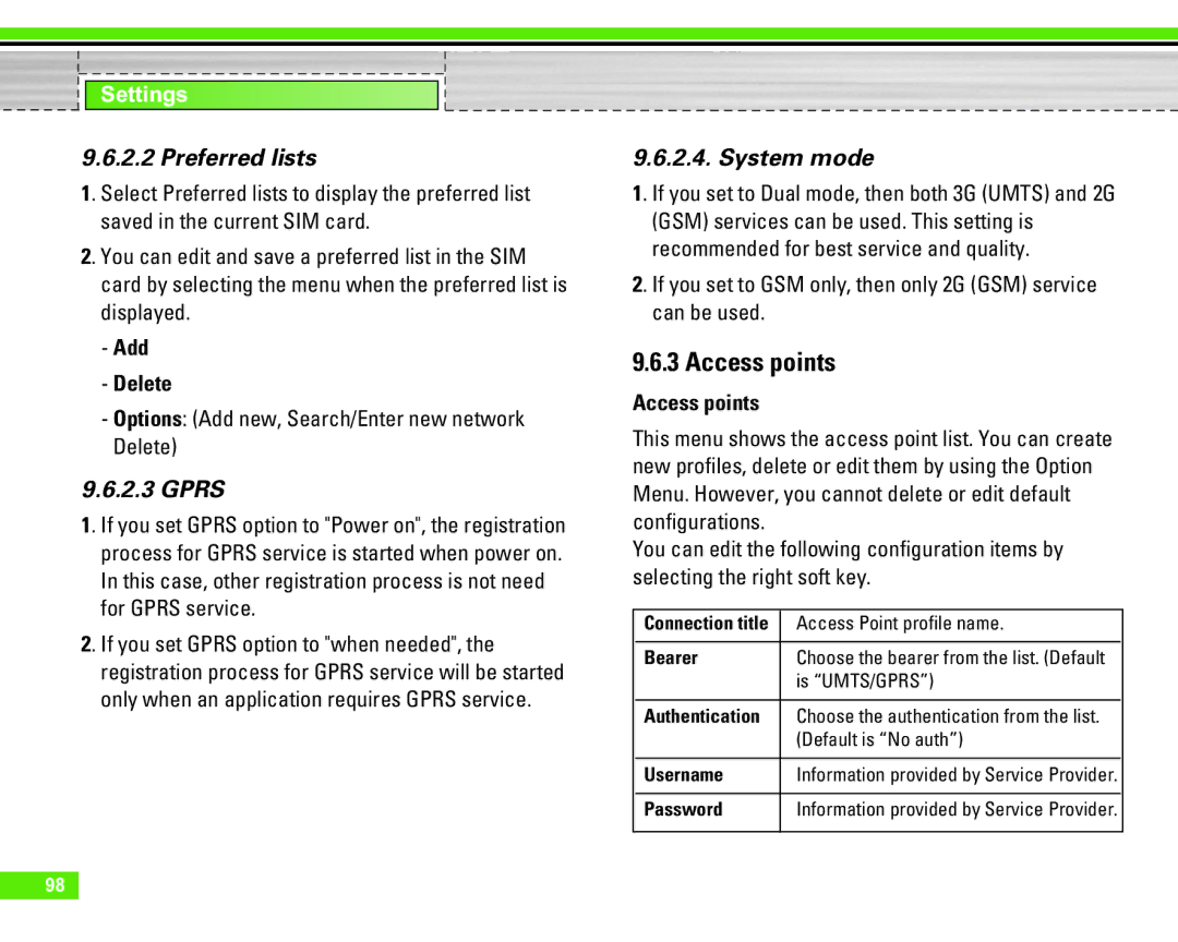 LG Electronics U8290 manual Access points, Preferred lists, Gprs, System mode 