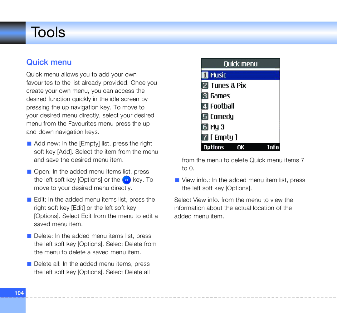 LG Electronics U8360 manual Tools, Quick menu 