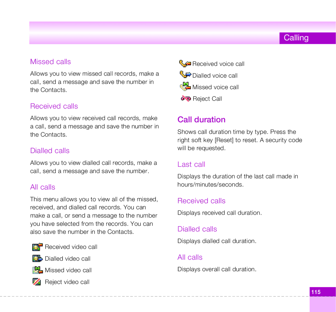 LG Electronics U8360 manual Calling, Missed calls 