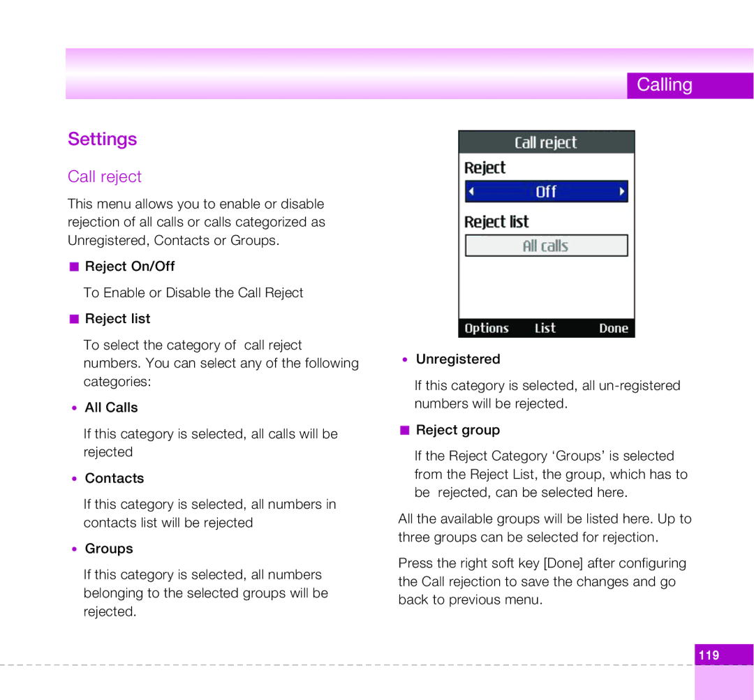 LG Electronics U8360 manual Call reject 