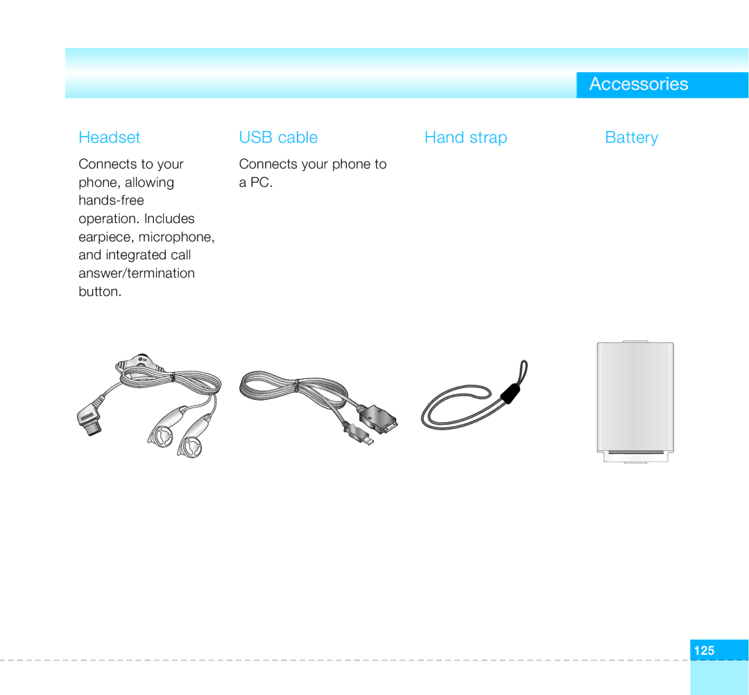 LG Electronics U8360 manual Accessories, Headset USB cable Hand strap Battery 