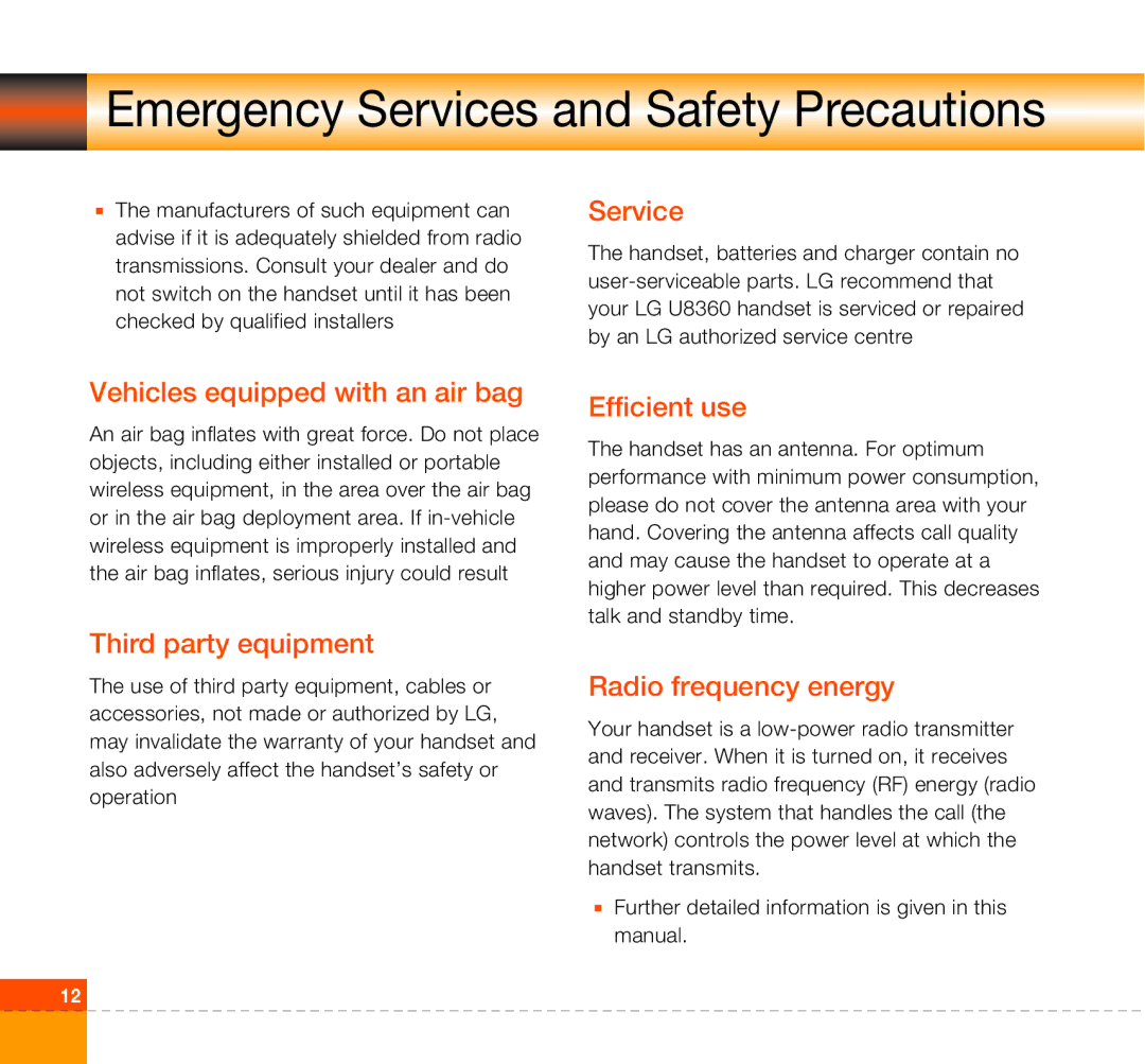 LG Electronics U8360 manual Service, Vehicles equipped with an air bag, Third party equipment, Efficient use 