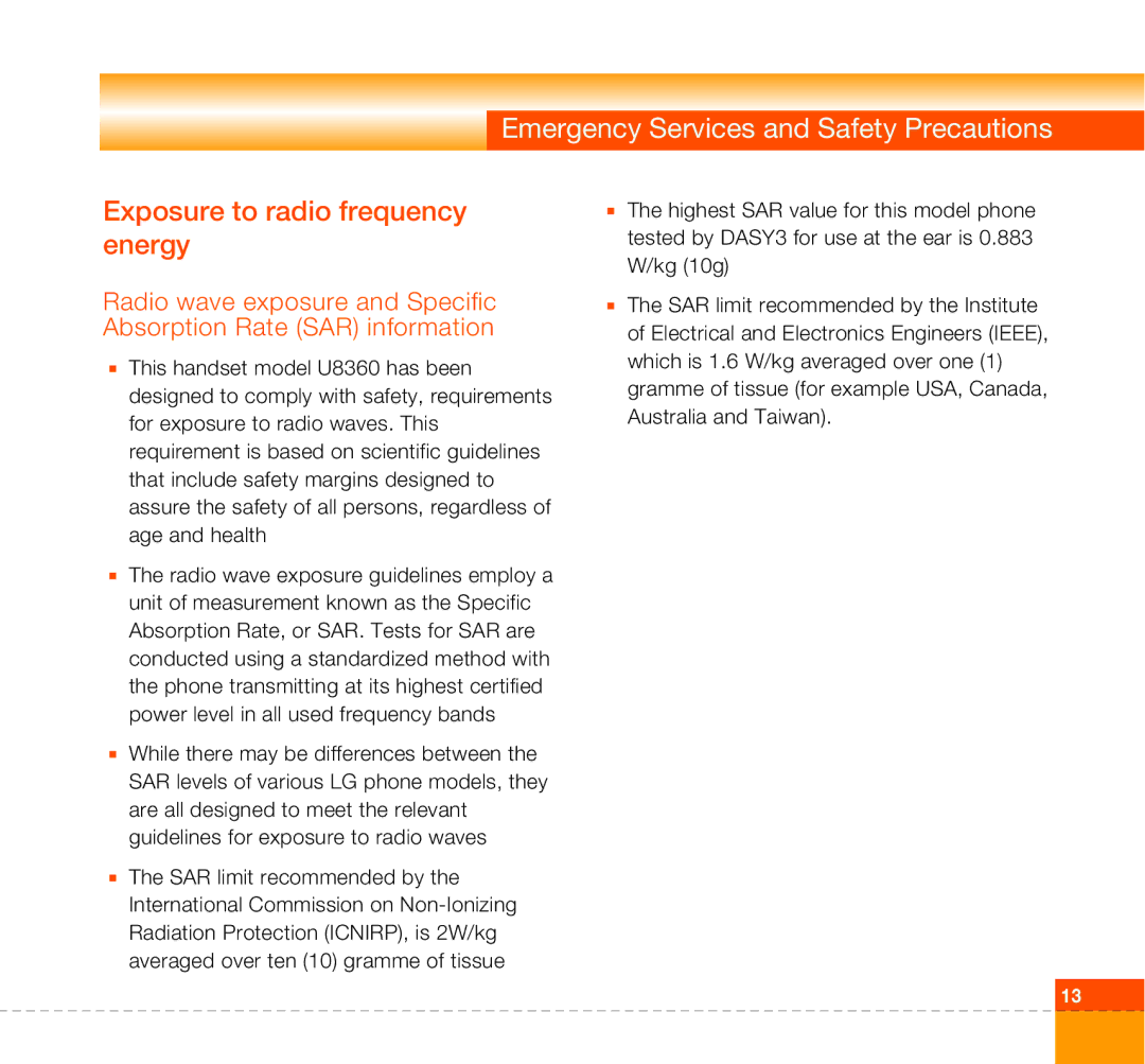 LG Electronics U8360 manual Exposure to radio frequency energy 