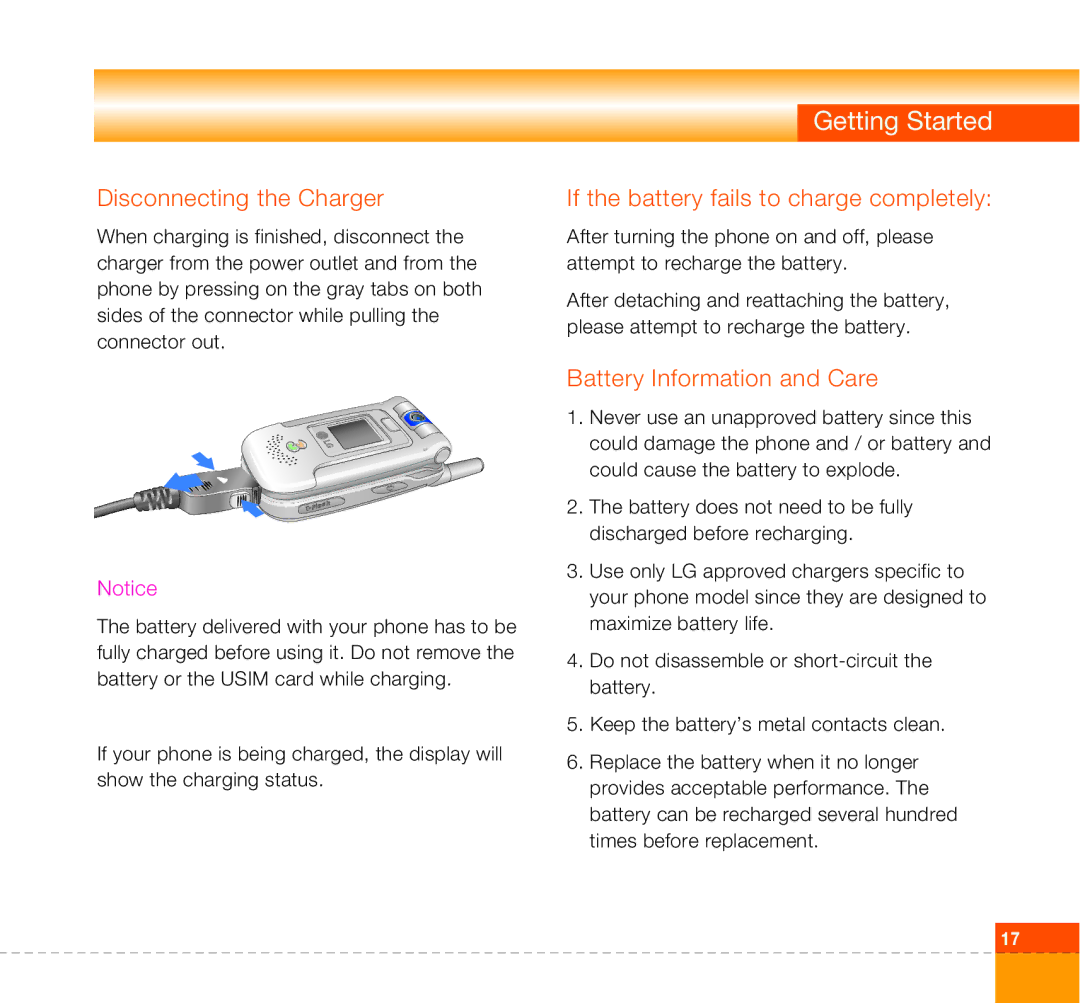 LG Electronics U8360 Disconnecting the Charger, If the battery fails to charge completely, Battery Information and Care 