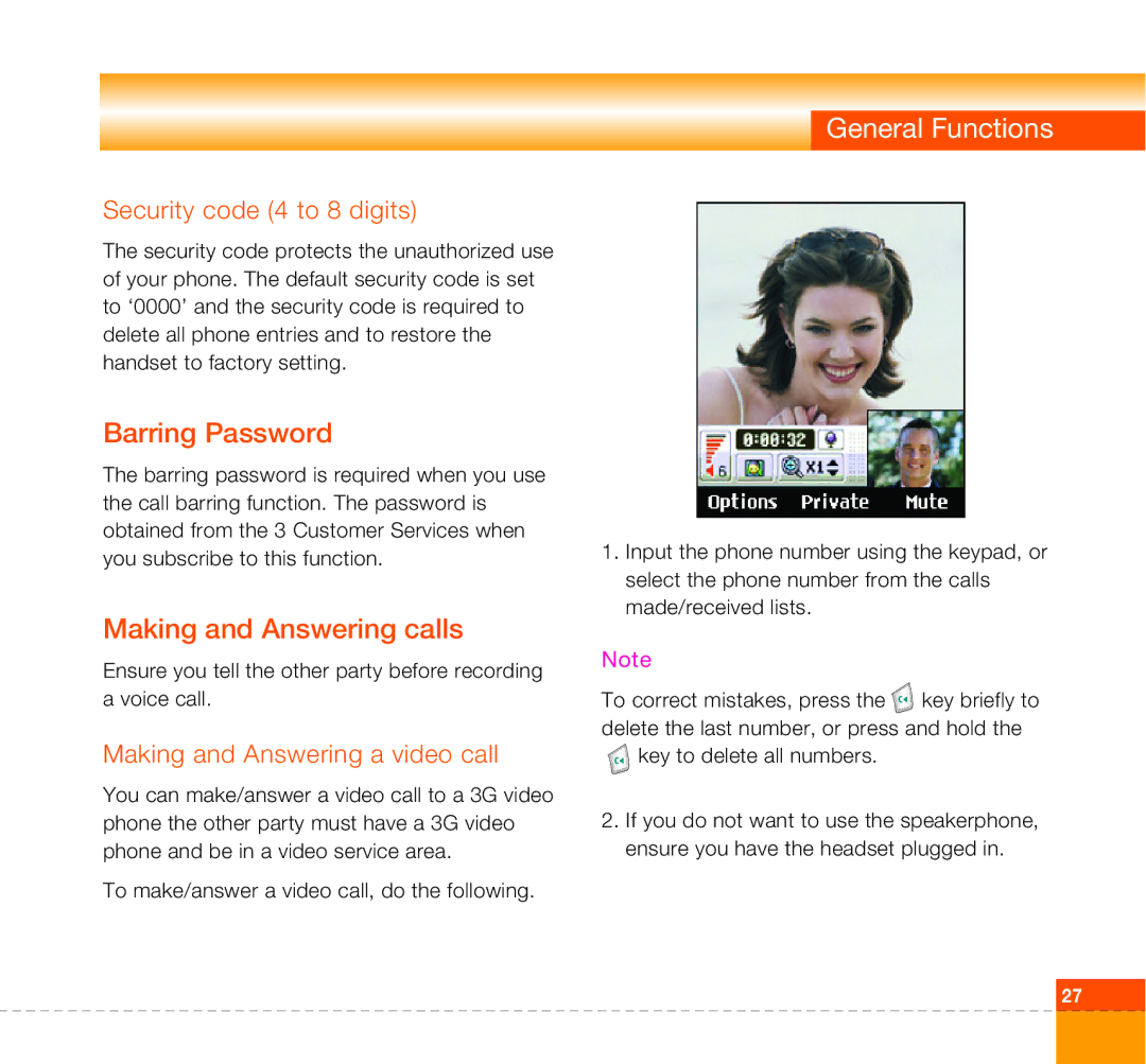 LG Electronics U8360 manual General Functions, Barring Password, Making and Answering calls, Security code 4 to 8 digits 