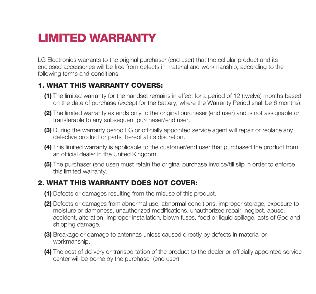 LG Electronics U8360 manual Limited Warranty 