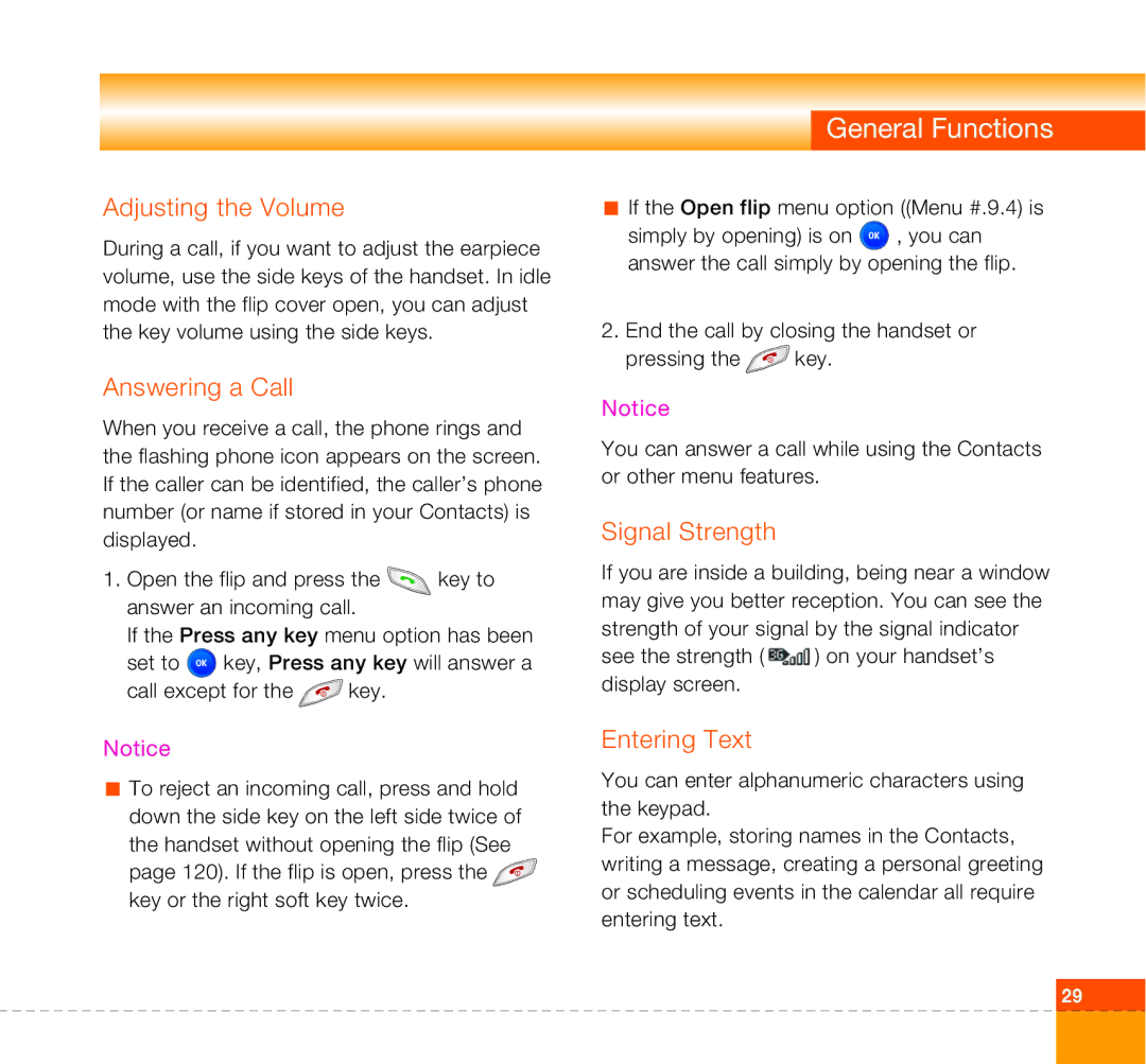 LG Electronics U8360 manual Adjusting the Volume, Answering a Call, Signal Strength, Entering Text 