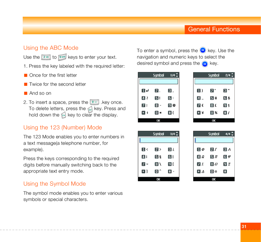 LG Electronics U8360 manual Using the ABC Mode, Using the 123 Number Mode, Using the Symbol Mode 