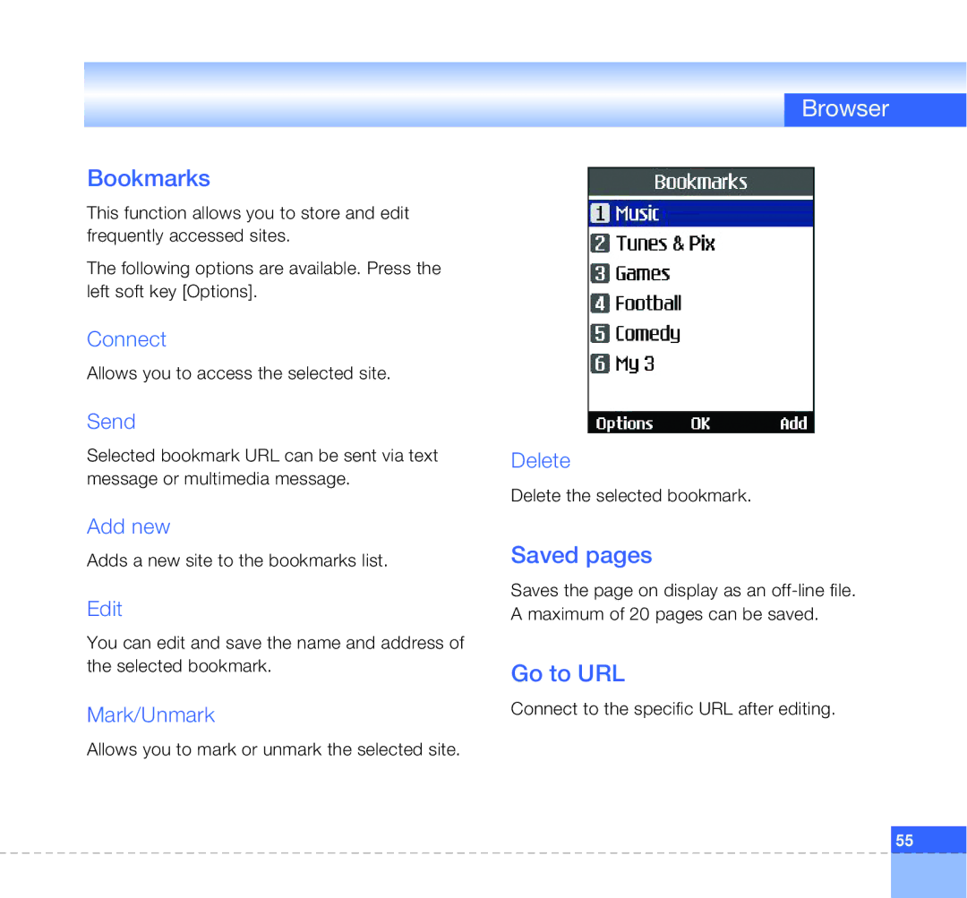 LG Electronics U8360 manual Browser, Bookmarks, Saved pages, Go to URL 