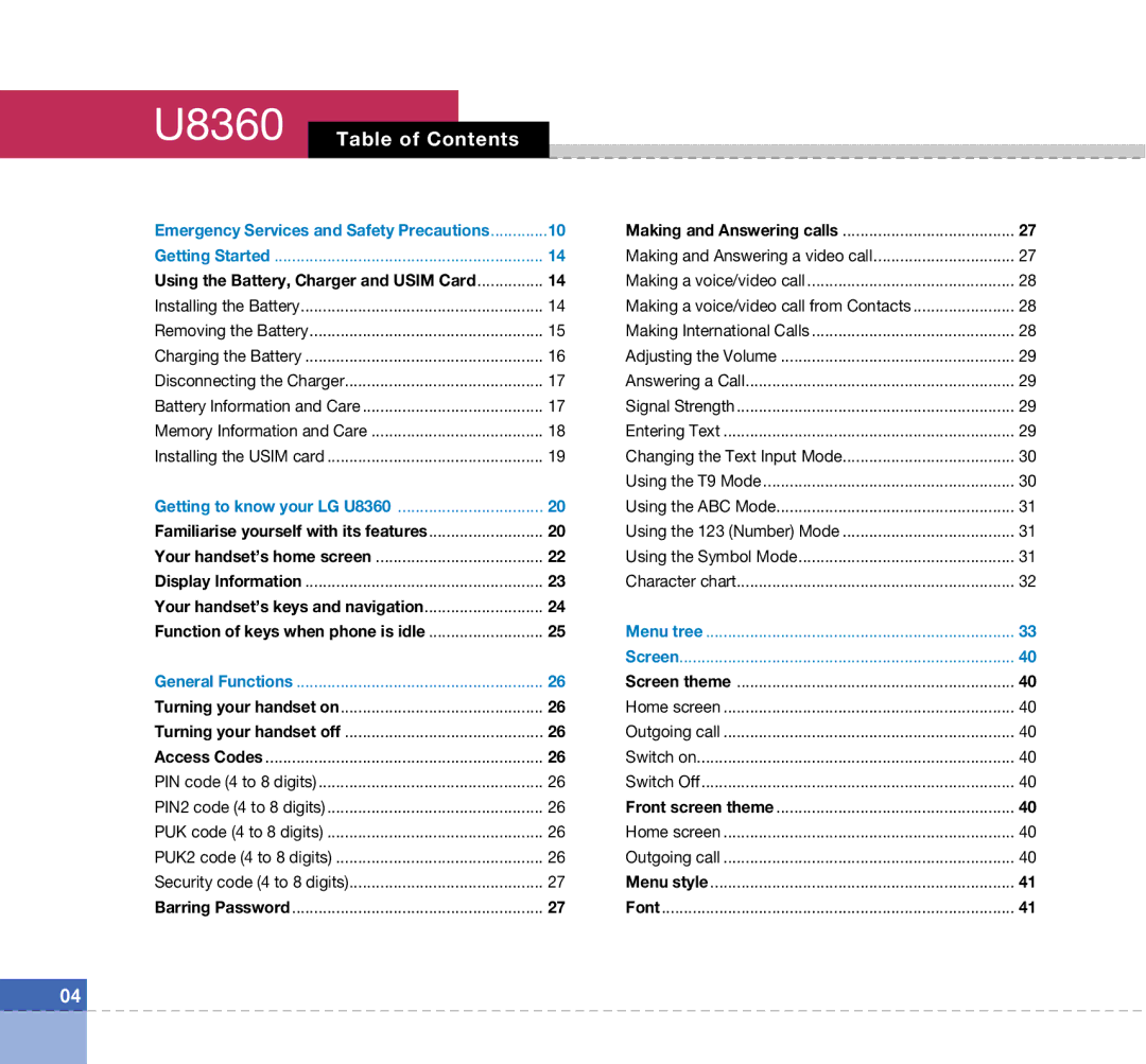 LG Electronics manual U8360 Table of Contents 