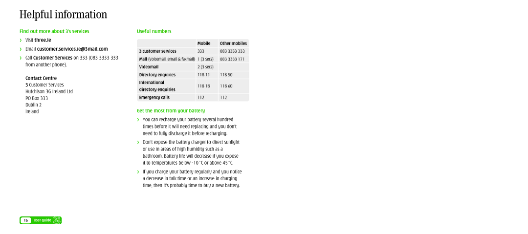 LG Electronics U8360 Helpful information, Find out more about 3’s services, Useful numbers, Get the most from your battery 