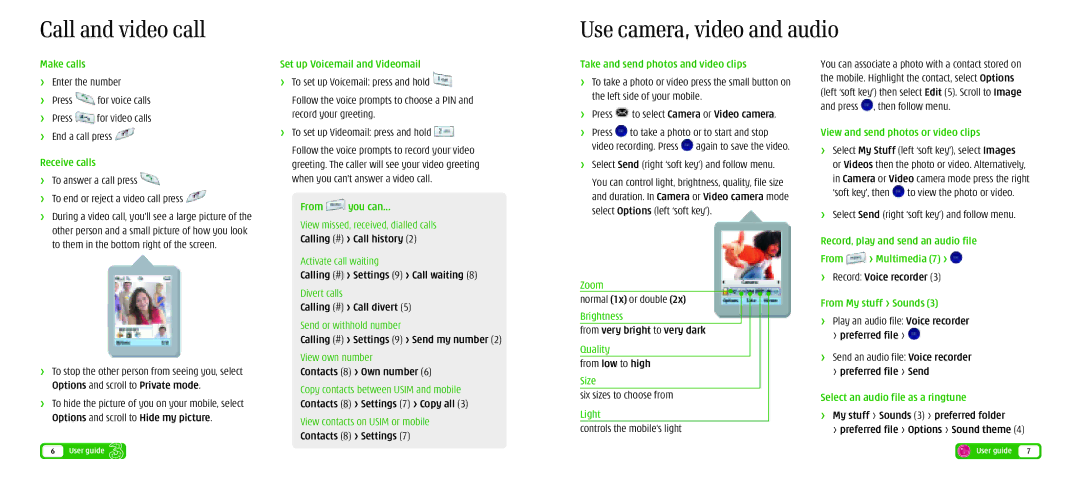 LG Electronics U8360 manual Call and video call Use camera, video and audio 