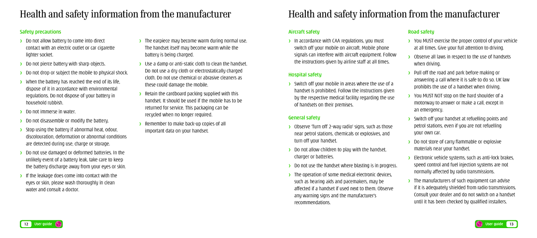 LG Electronics U8360 manual Safety precautions, Aircraft safety, Hospital safety, General safety, Road safety 