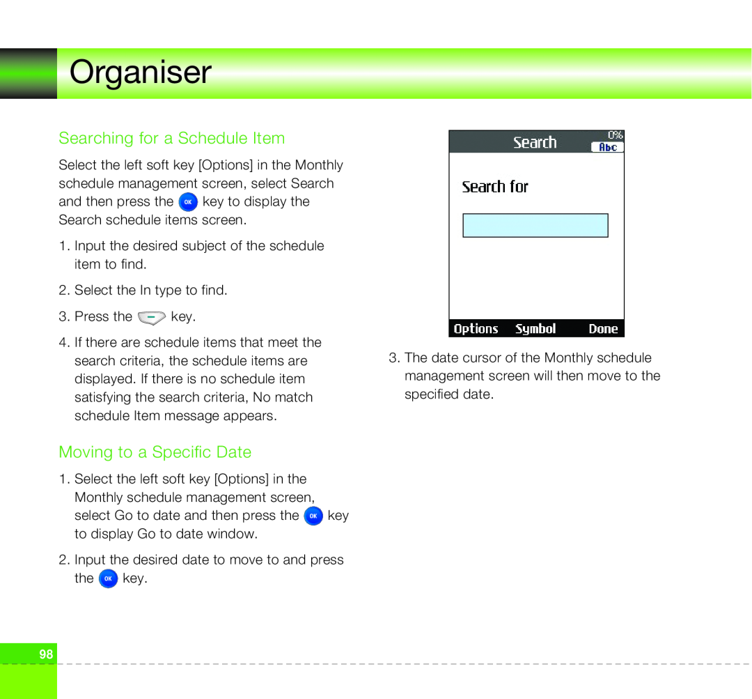 LG Electronics U8360 manual Searching for a Schedule Item, Moving to a Specific Date, Organiser 