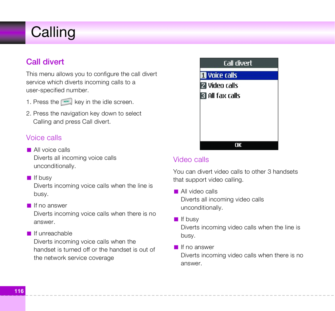 LG Electronics U8360 manual Call divert, Voice calls, Video calls, Calling 