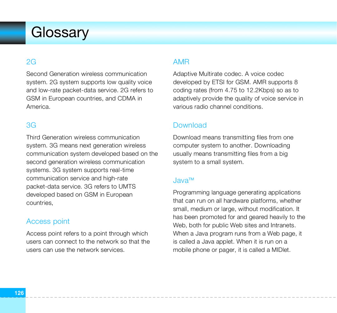 LG Electronics U8360 manual Glossary, Access point, Download, JavaTM 