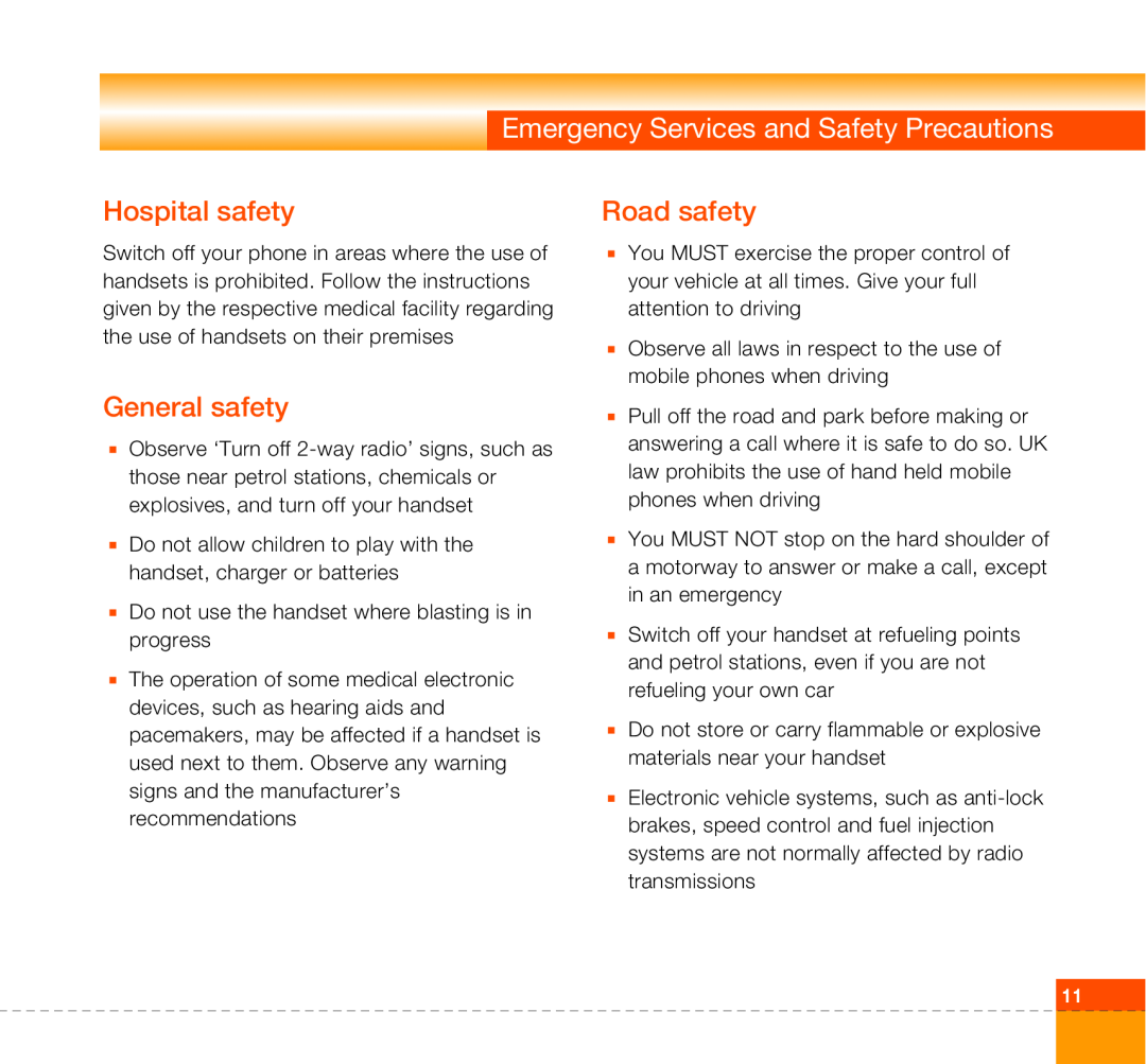 LG Electronics U8360 manual Emergency Services and Safety Precautions, Hospital safety, General safety, Road safety 