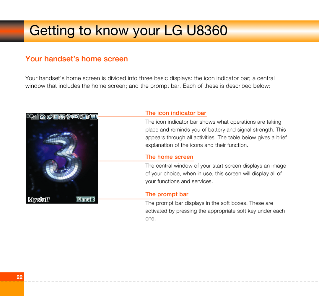 LG Electronics manual Your handset’s home screen, Getting to know your LG U8360, The icon indicator bar, The home screen 
