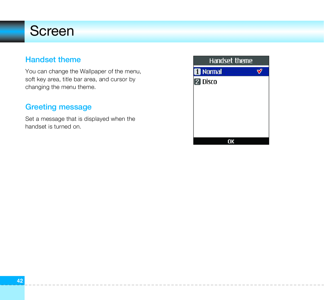 LG Electronics U8360 manual Handset theme, Greeting message, Screen 