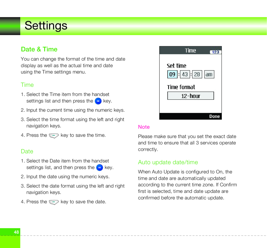 LG Electronics U8360 manual Settings, Date & Time, Auto update date/time 