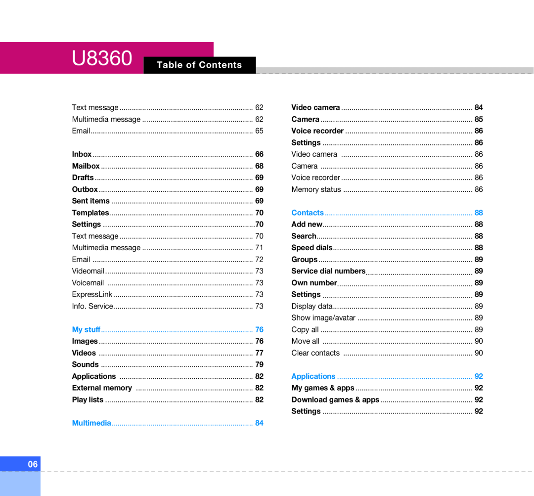 LG Electronics manual U8360 Table of Contents, My stuff, Multimedia, Contacts, Applications 