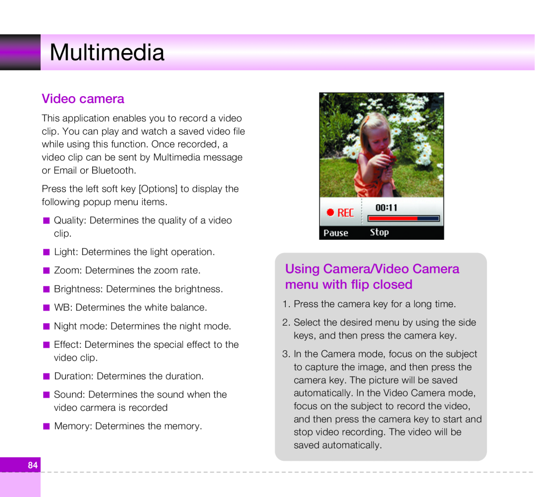 LG Electronics U8360 manual Multimedia, Video camera, Using Camera/Video Camera menu with flip closed 