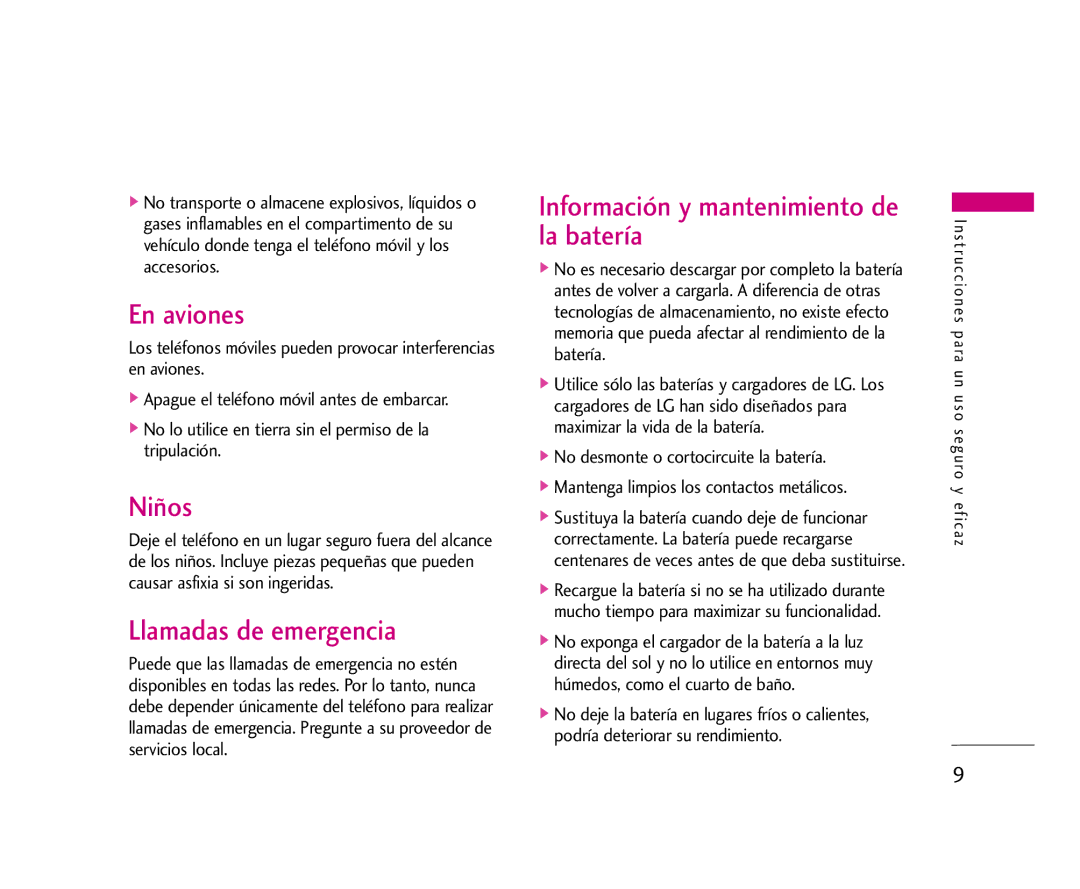 LG Electronics U8500 manual En aviones, Niños, Llamadas de emergencia, Información y mantenimiento de la batería 