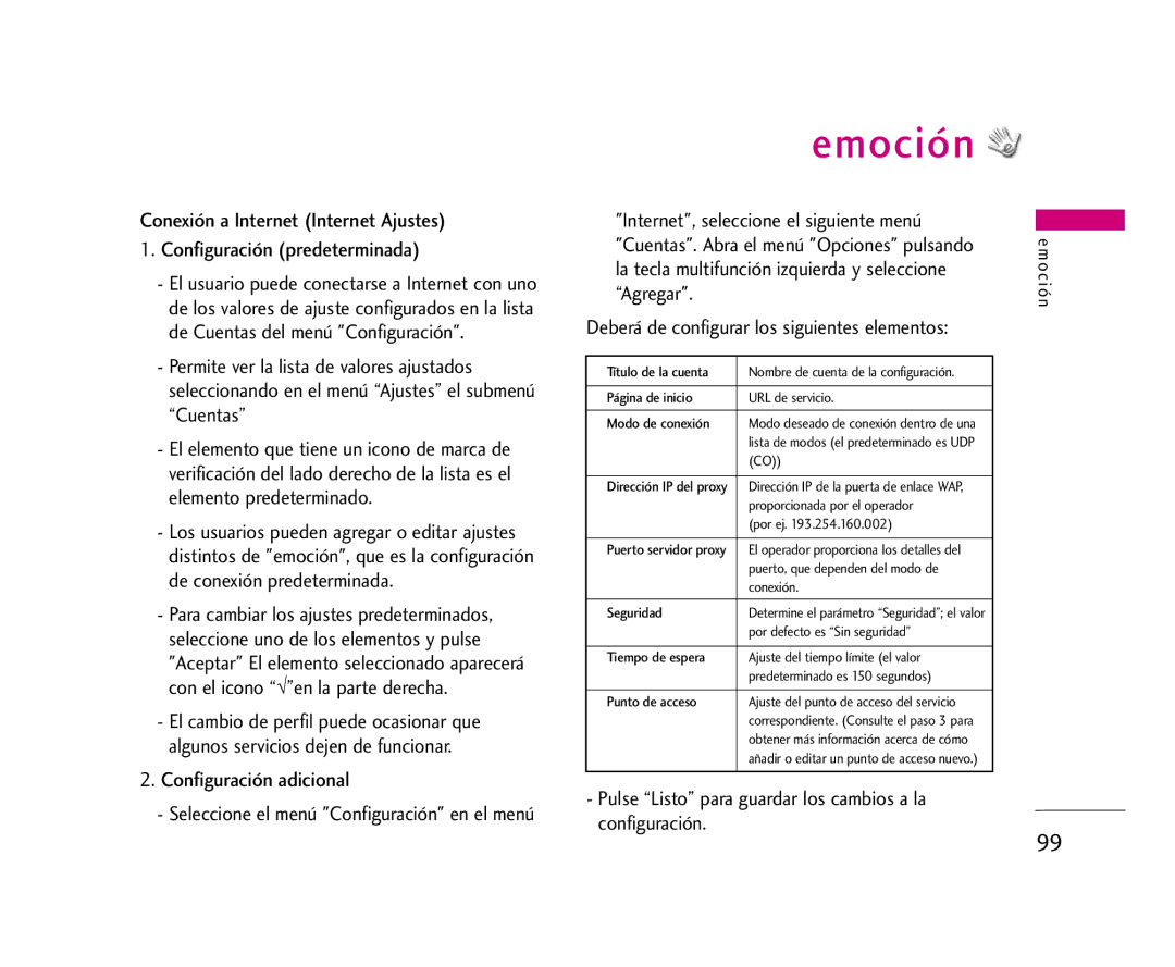 LG Electronics U8500 manual Emoción, Pulse Listo para guardar los cambios a la configuración 