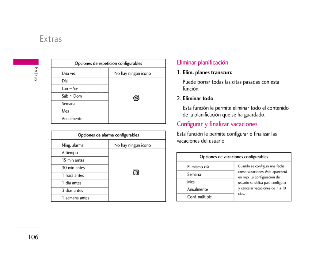 LG Electronics U8500 manual Extras, Eliminar planificación, Configurar y finalizar vacaciones, Elim. planes transcurr 