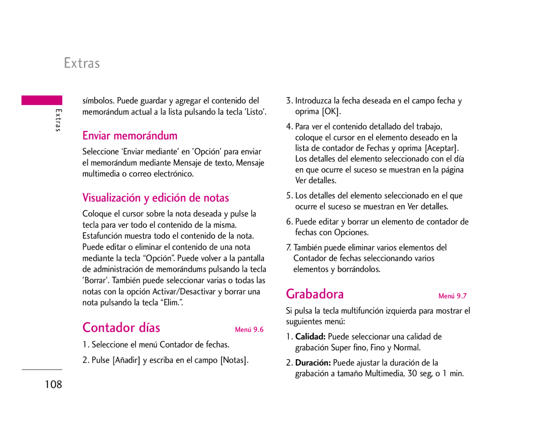 LG Electronics U8500 manual Contador días, Grabadora, Enviar memorándum 