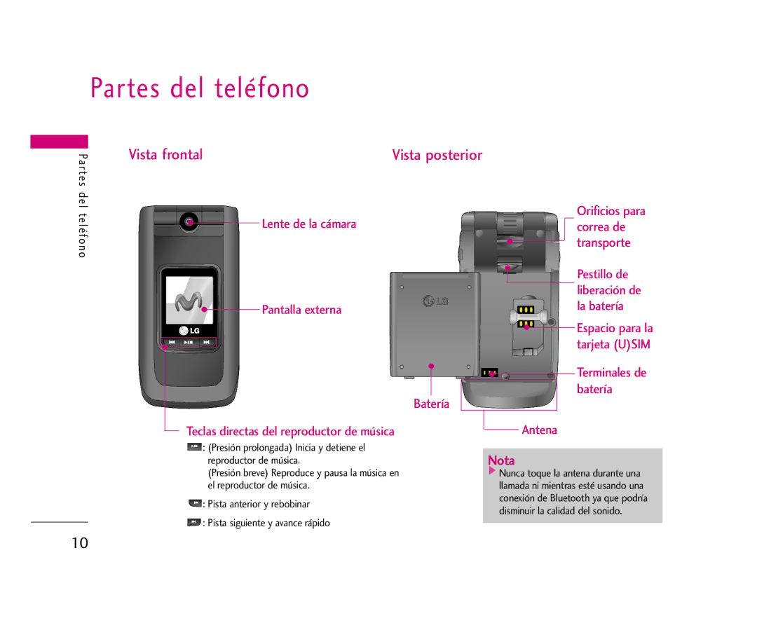 LG Electronics U8500 manual Partes del teléfono, Vista frontal 