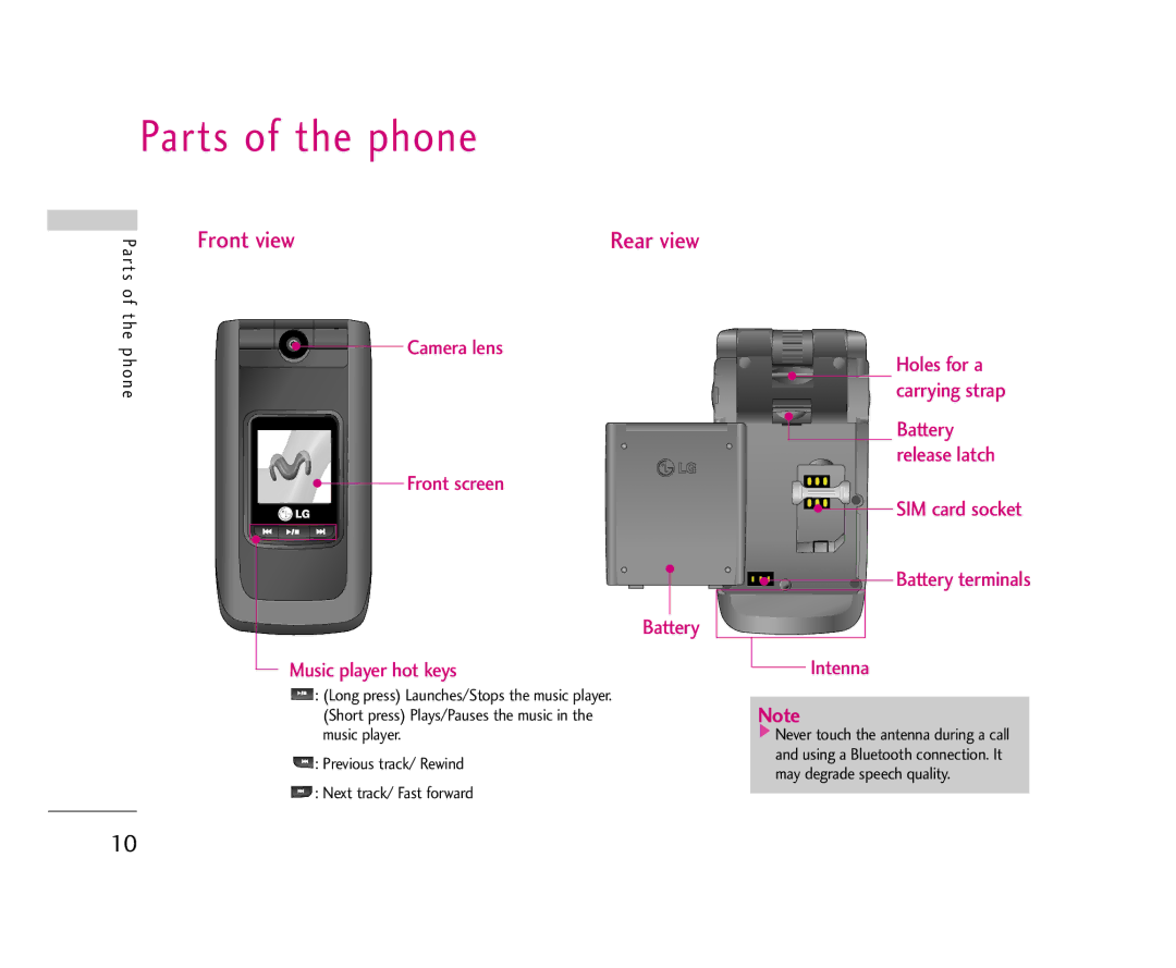 LG Electronics U8500 manual Parts of the phone, Front view 