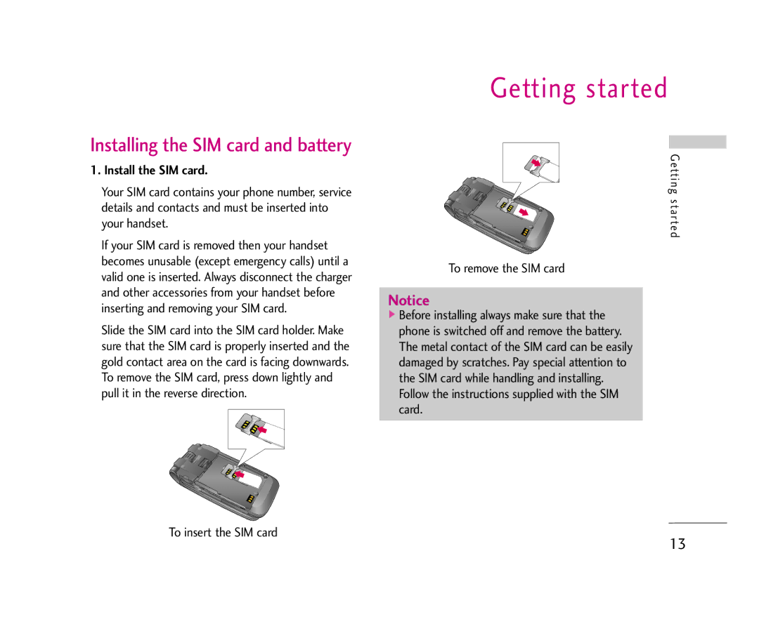 LG Electronics U8500 Getting started, Installing the SIM card and battery, Install the SIM card, To insert the SIM card 