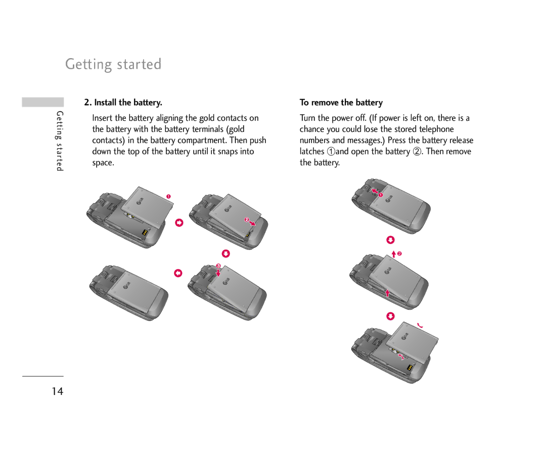 LG Electronics U8500 manual Getting started, Install the battery, Battery with the battery terminals gold, Space 