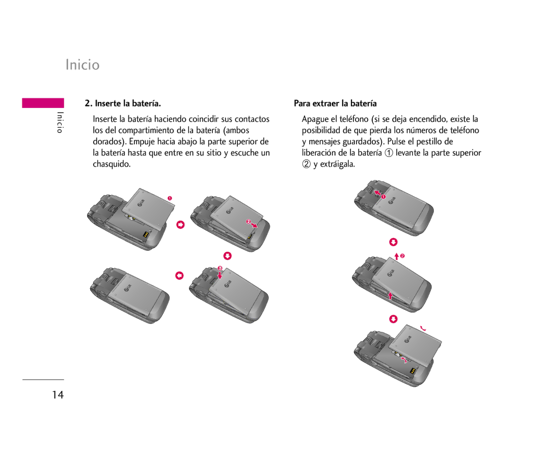 LG Electronics U8500 manual Inicio, Inserte la batería, Los del compartimiento de la batería ambos, Chasquido 