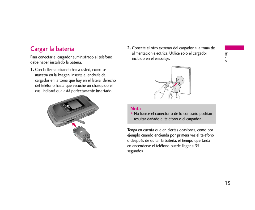 LG Electronics U8500 manual Cargar la batería, Nota 